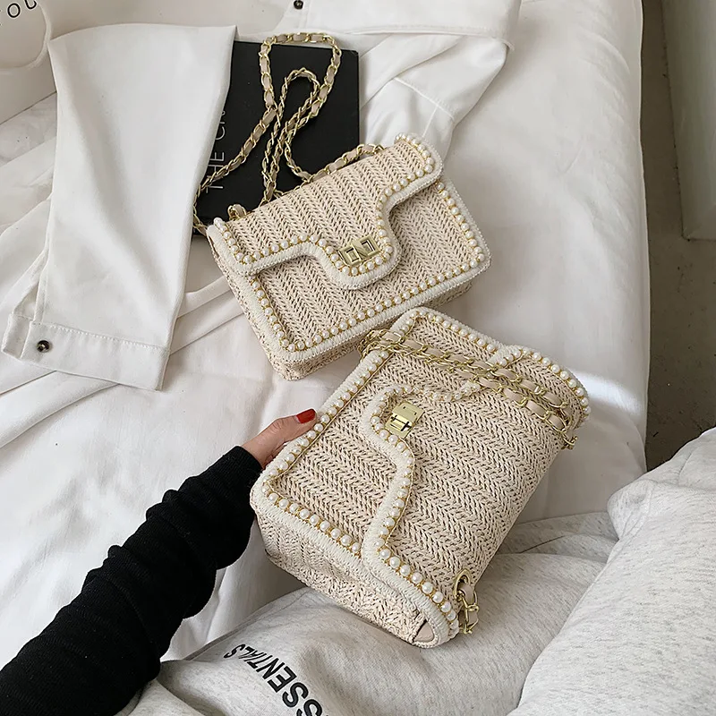 Women\'s Bag Chain Straw Summer 2021 New Fashion Pearl Hand-Woven Straw Shoulder Bags Beach Small Square Female Crossbody Handbag