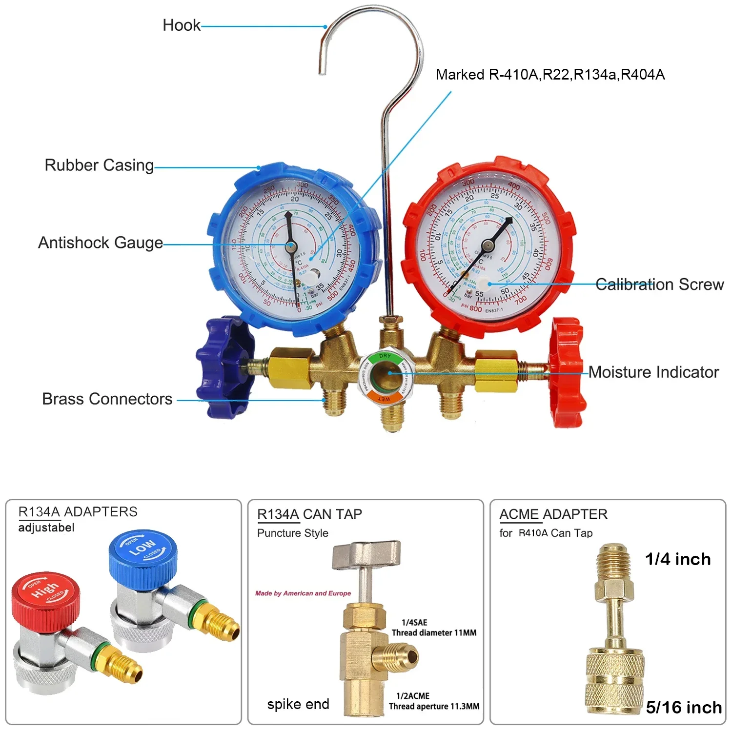 R134A R12 R22 R404A Refrigeration&Air Conditioning Tools AC Diagnostic Manifold Meter Kit, R134a High/Low Side Quick Connectors