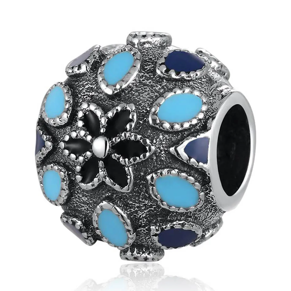Women Bracelets Bead Blue Enamel Cathedral Rose Charm Silver  Plated DIY Jewelry