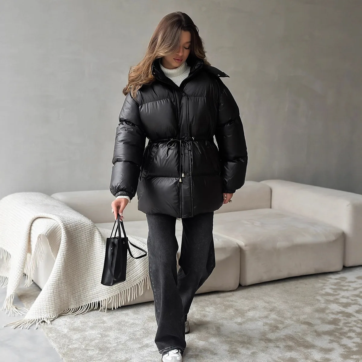 

Casual Warm Color Dstring Trendy Cotton Jaet Street Sle Loose Fit Women's Outerwear Faionable Commuting Top