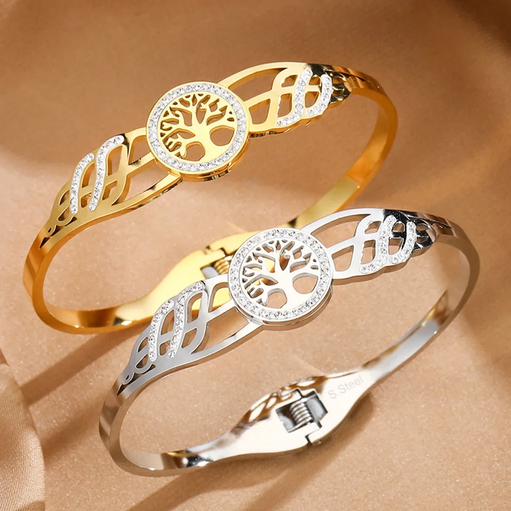 

Luxury Stainless Steel Tree Of Life Bracelet For Women Men Silver Gold Color Spring Buckle Bangles Waterproof Jewelry Gift