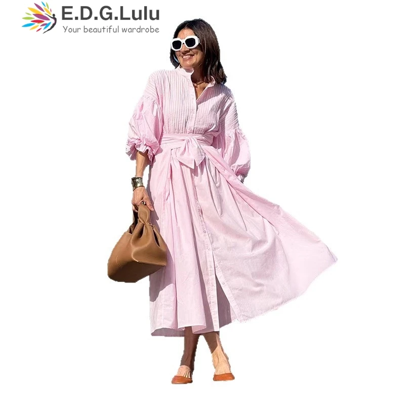 EDGLuLu 스탠드 칼라 퍼프 슬리브 블랙 드레스 여성 싱글 브레스트 플리츠 셔츠 드레스 패션 스트리트 롱 드레스 + 벨트 0902