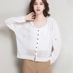 Women's Hooded Ice Silk Sweater Korean Style Drawstring Single-Breasted Knitted Cardigan Woman 2023 Summer Thin Sunscreen Jacket
