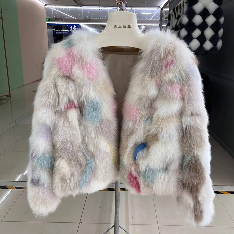 2024 Winter New Women Real Natural Multi-color Fox Fur Genuine Coats  Fashion Colorful Thick Warm Luxury Outwear Female Jackets