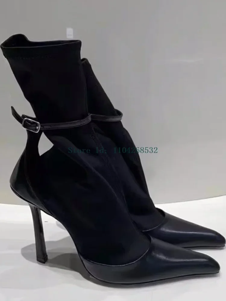 

Pointed Toe Sock Boots Thin High Heel Stretch Fabric 2024 New Arrivals Patckwork Ankle Buckle Strap Fashion Women Ankle Booties