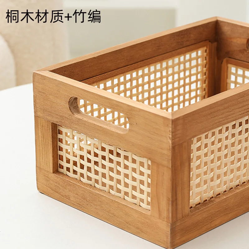 Vintage solid wood storage basket bamboo rattan desktop toys books wooden drawer storage box picnic woven basket