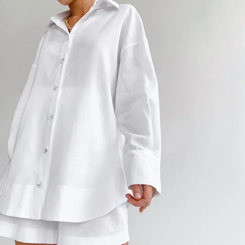 Feminino casual algodão 2 peças conjunto 2025 verão solto camisa shorts outfit commuter lazer simples