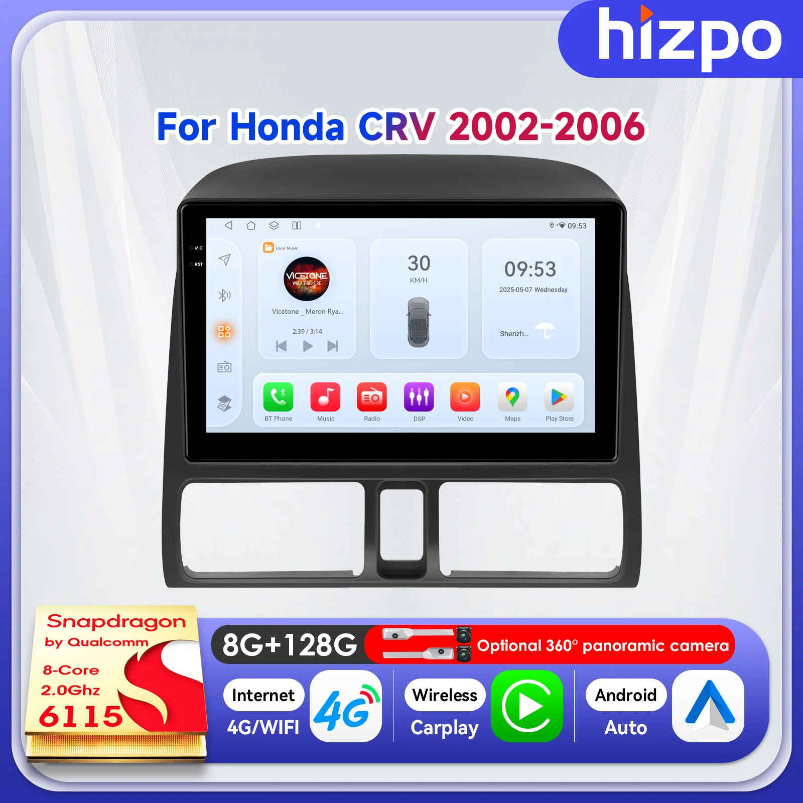 

Автомагнитола Hizpo 9 дюймов с интеллектуальным управлением для Honda CR-V 2 (2002-2006), электронный плеер с беспроводным CarPlay и QLED-экраном