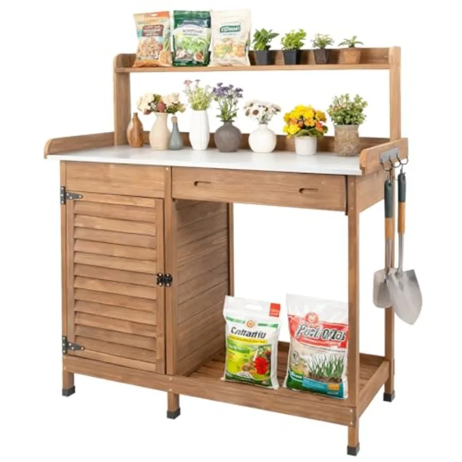 Potting Bench Table Indoor and Outdoor Wooden Garden Work Station with Sliding Drawer, Metal Table Top, Tool Hooks, Large Botto