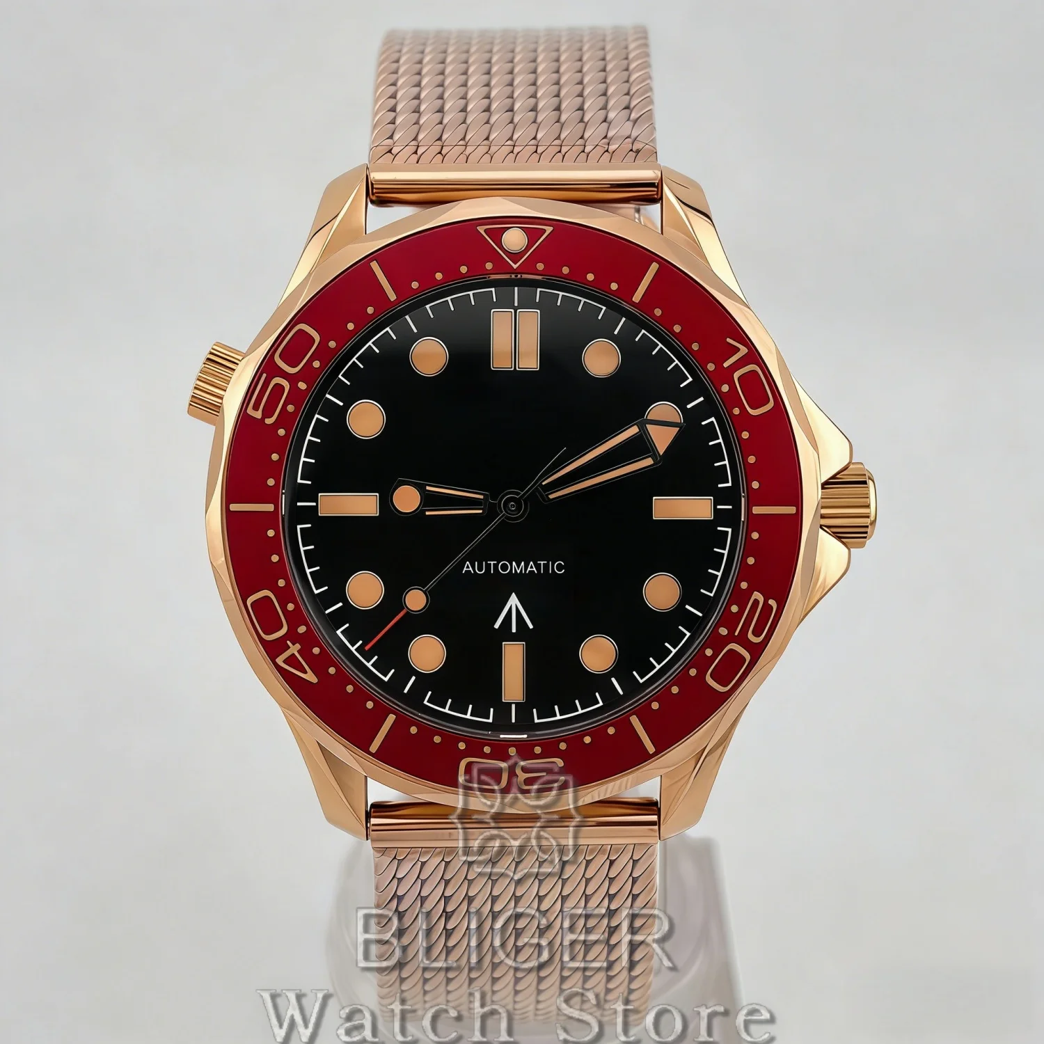 BLIGER Vintage Bronze Rose Gold  41mm Men's NH35 PT5000 Mechanical 007 NTTD 100m Diving WristWatch Burgundy Red Bezel Mesh Strap