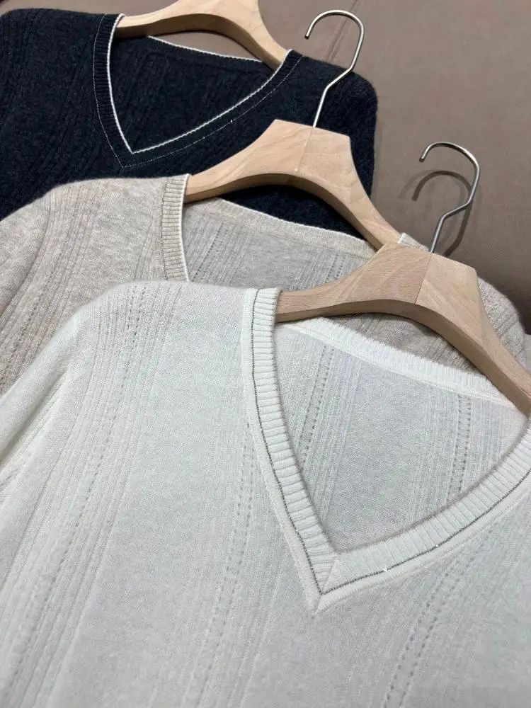 Minimalist V-neck Anti-static Cashmere Knit Sweater, Women Long Sleeve Pit Striped Versatile Comfort Base Top