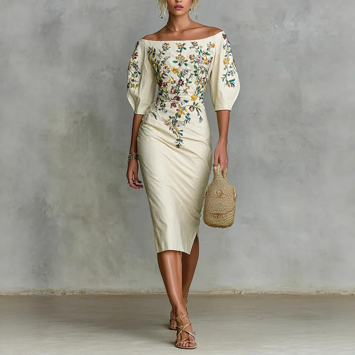 

Elegant Floral Print Slim Women Clothing Sexy Slash Neck Hollow Slit Party Dresses Female Casual Half Sleeve Spring Summer Dress