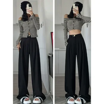 Wide-Leg Suit Pants 6 2025 Fall Winter Elegant Gray Suits Pants for Women Office Lady High Waist Wide Leg Fashion Trousers with Pockets Black Pants 6