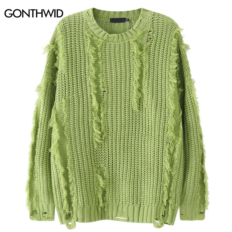 

Vintage Sweater Grunge Y2K Harajuku Knitted Solid Tassel Ripped Hole Pullover Jumpers Streetwear Hip Hop Gothic Casual Sweaters