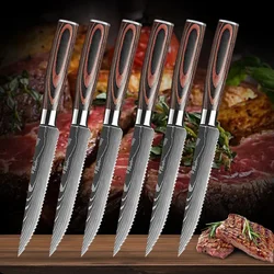 6 Piece Stainless Steel Serrated Steak Knife Sharp Blade Damascus Pattern Stainless Steel Serrated Knife Steak Knife