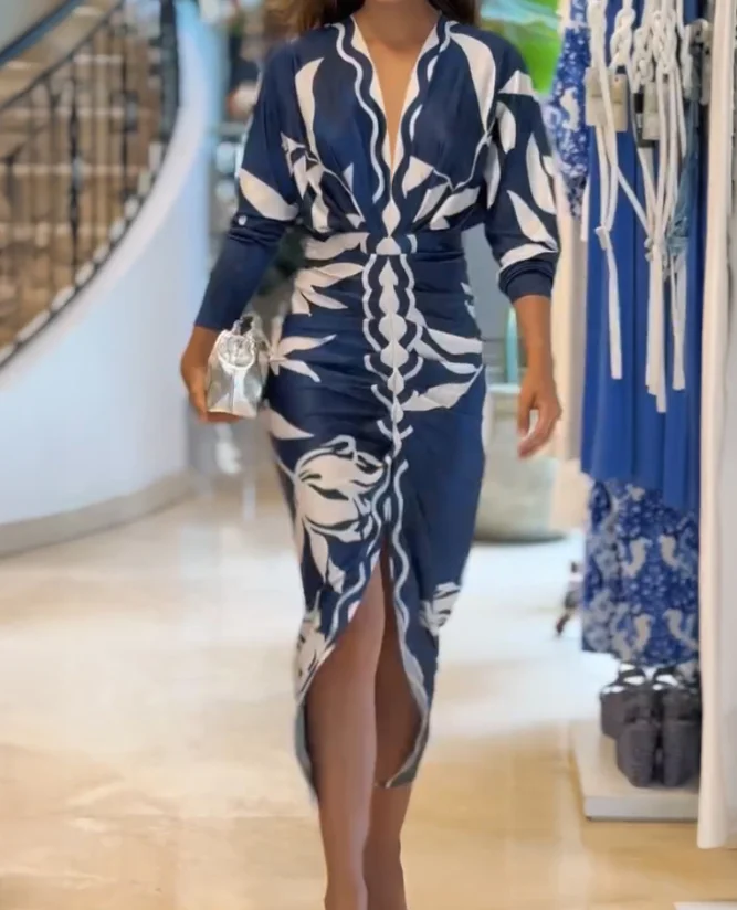 Damen 2025, Sommer-Blumendruck, plissiert, V-Ausschnitt, lange Ärmel, Partykleid, sexy Schlitz, schmale Passform, Sommer-Damen, sexy, figurbetontes Kleid