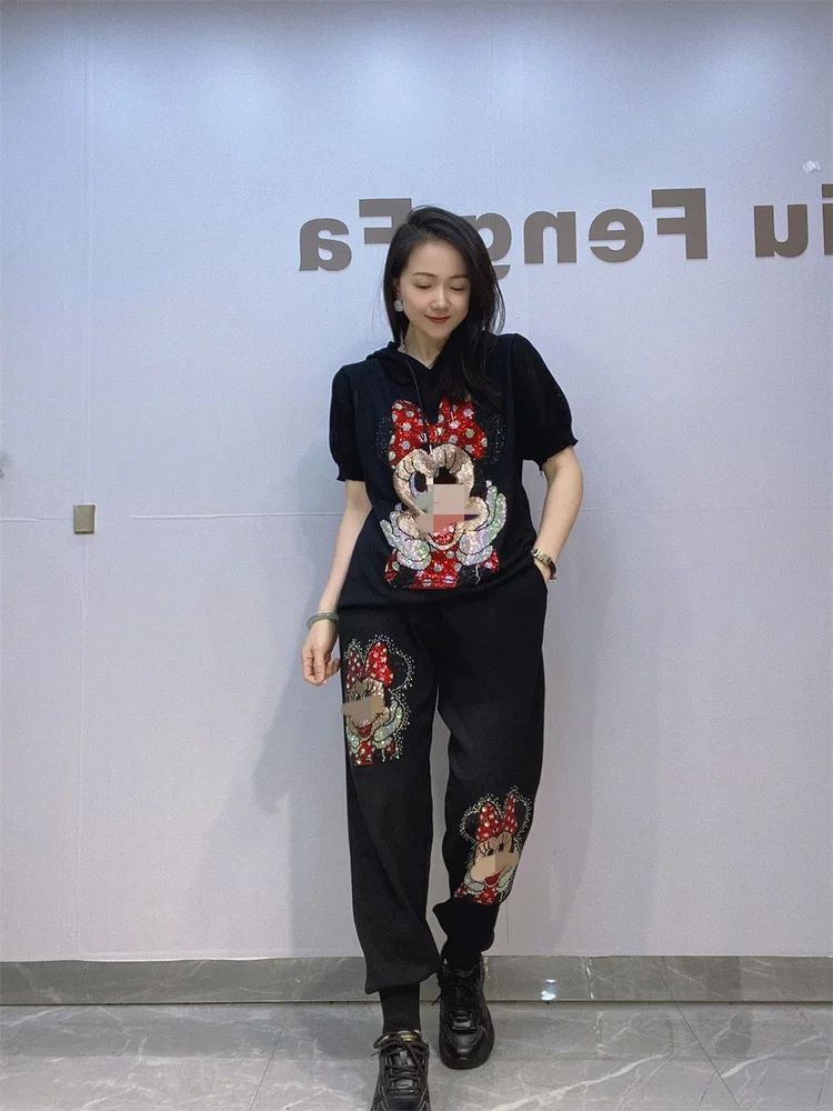 

Весенне-летний повседневный вязаный комплект с рисунком Diamond Faion, женская толстовка с капюшоном ort Sve, длинные брюки, комплект из двух предметов, полиэстер...