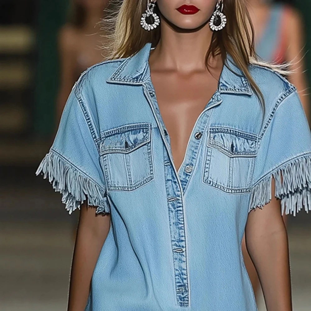 

Women's Elegant Denim Maxi Dress Sheer Mesh Puff Sleeve Shirt Dress Button Down Belted Waist High Street Retro Long Jean Dresses