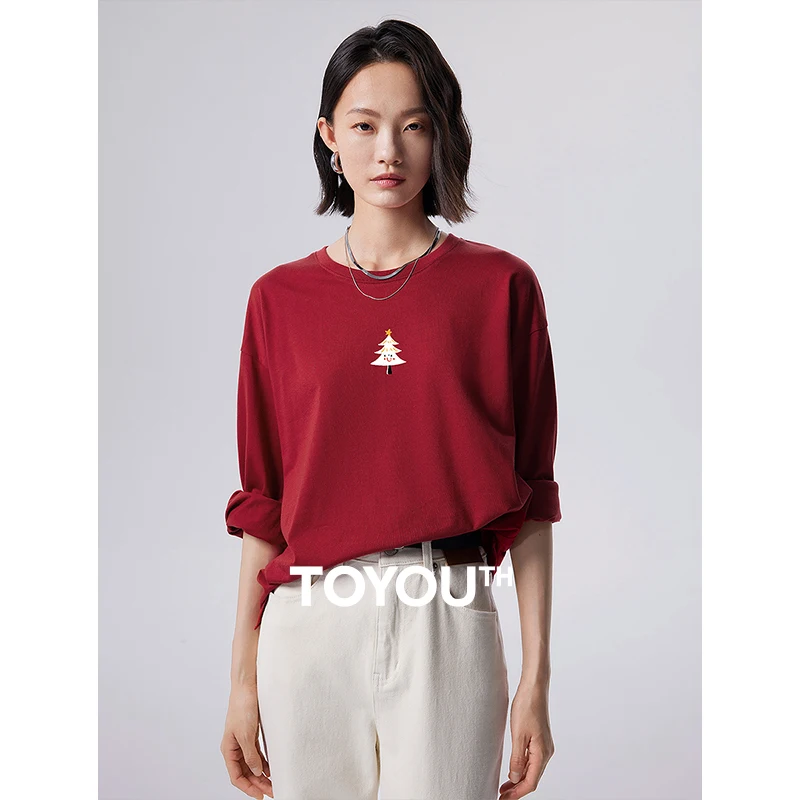 

TOYOUTH Women Tees 2024 Spring Christmas Tree Print Long SLeeve Round Neck Cotton Wine Red Casual T-shirt Tops