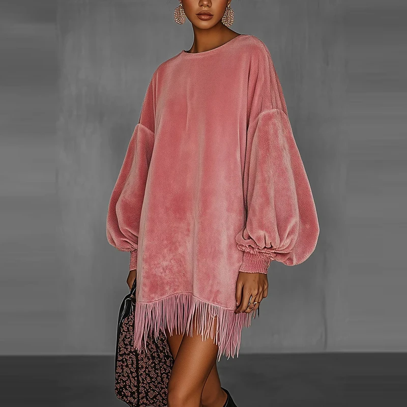 Elegant Tassel Splicing Loose Short Dress Casual O-neck Lantern Sleeve Party Dress Women Fashion Hight Street Solid Mini Dress