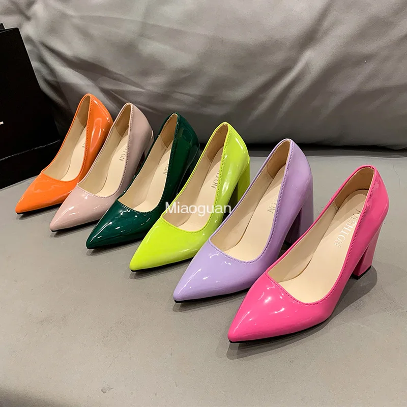 New Dark Green Patent Leather PU Woman Pumps 10cm Square Heels Sexy Party Pointed Toe Luxury Women\'s Shoes Super Big Size 35-43