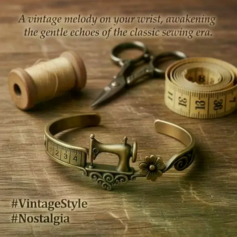 Sewing Machine Themed Bracelet, Vintage Measuring Tape Detail, Adjustable Jewelry Gift For Sewing Lovers