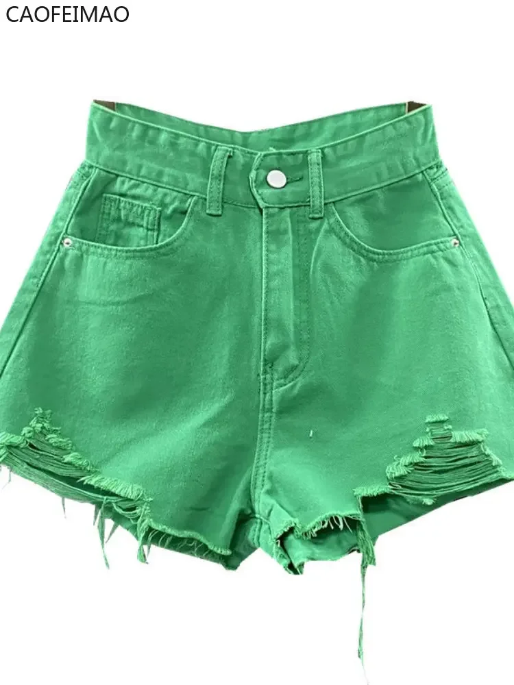 Women's Denim Shorts High Waist Casual Solid Zipper Fly Fashion Shorts Loose Sexy Green A-shaped Hot Pants 2025 New Summer