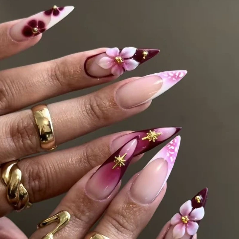 

24pcs Long Almond Press on Nails Brown Gradient Manicure Nail Art 3D Flower Pearl False Nails Y2K Metal Bow Acrylic Fake Nails