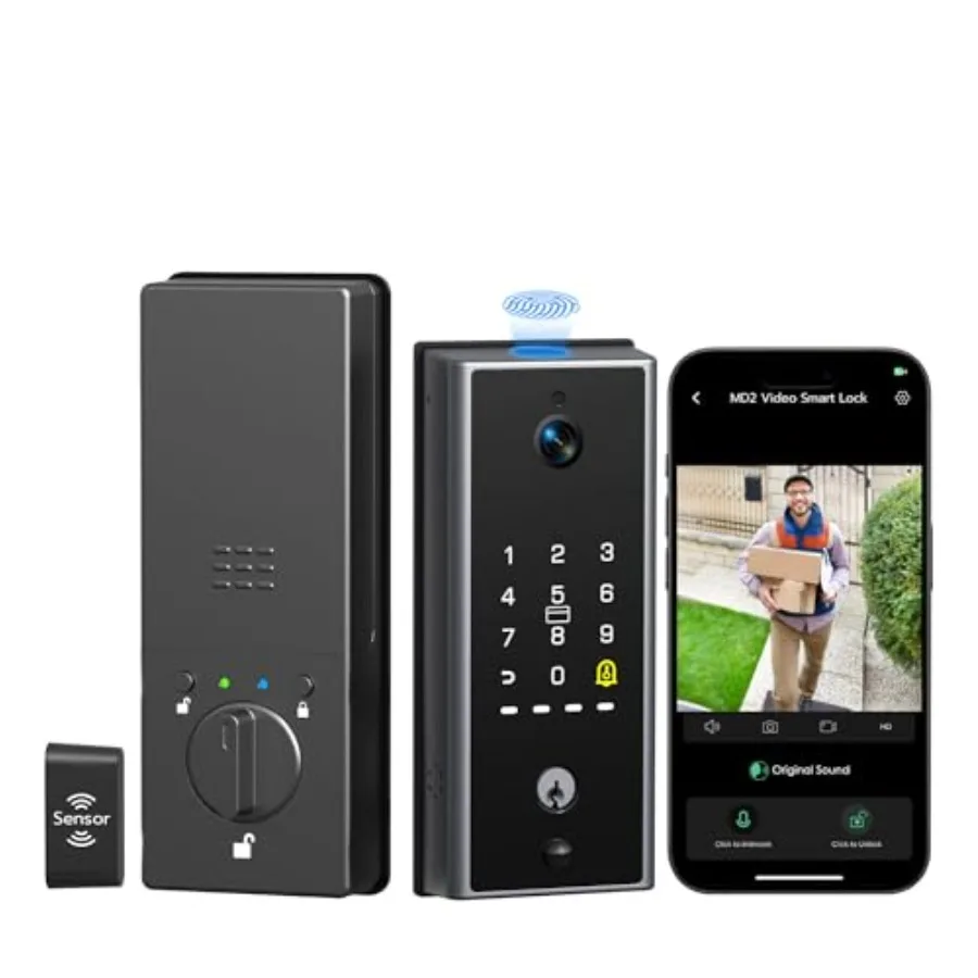 

Умный дверной замок MD2 с камерой, сканером отпечатков пальцев и бесключевым доступом для входной двери, со встроенным Wi-Fi и аккумулятором 10000 мАч