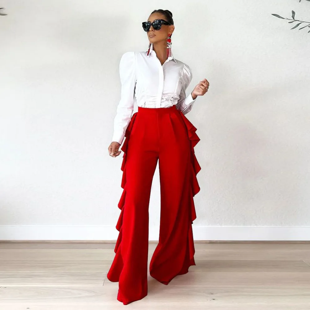 2024 New Women\'s Fashion Sexy Solid Color High-waisted Elastic Flounce Ruffled Wide Legs Pants Elegance Casual Trousers