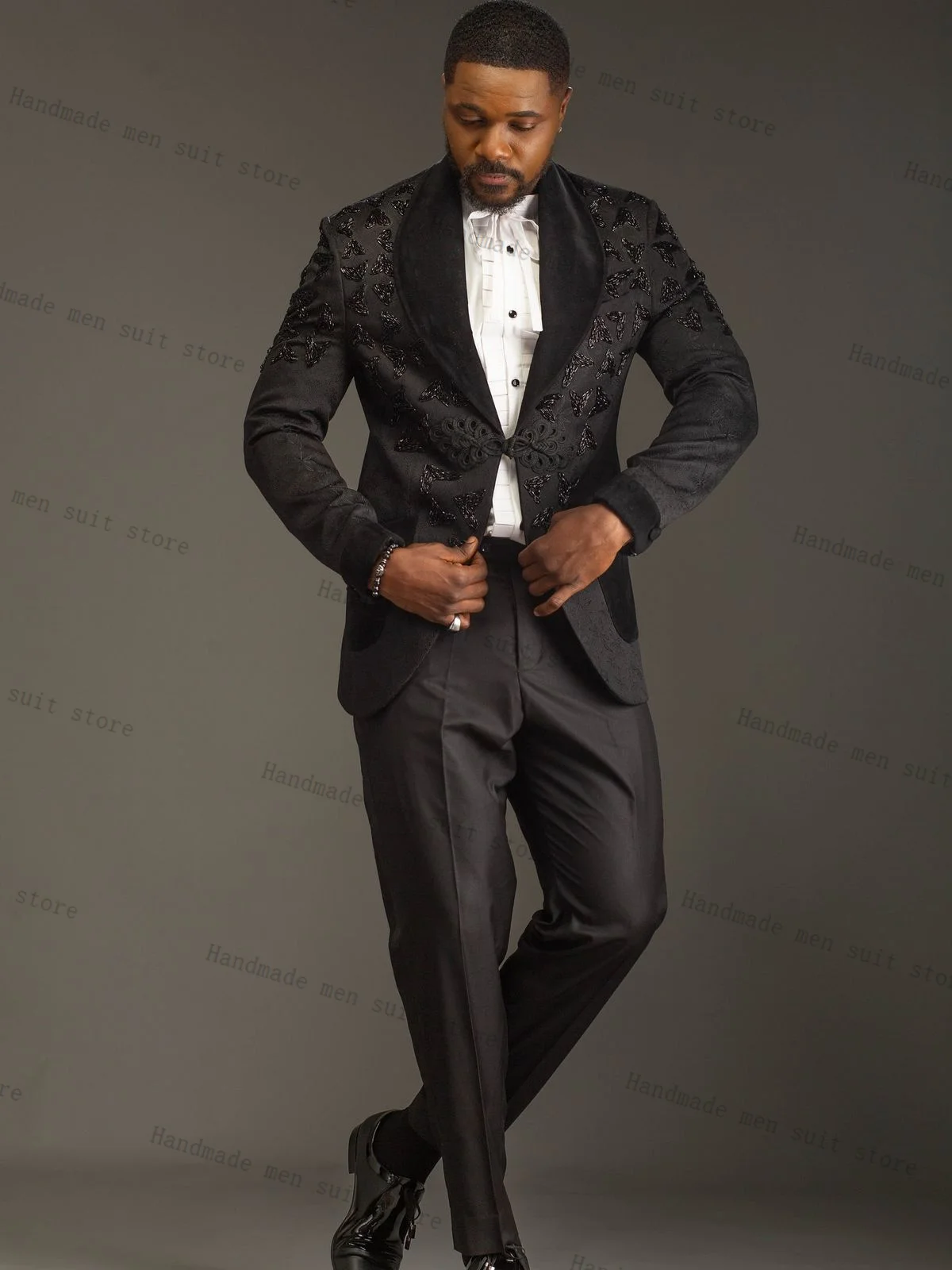 

Crystals Black Men Suits 2 Piece Blazer+Cotton Pants Luxury Wedding Tuxedos Coat Customized Formal Office Jacket Trousers