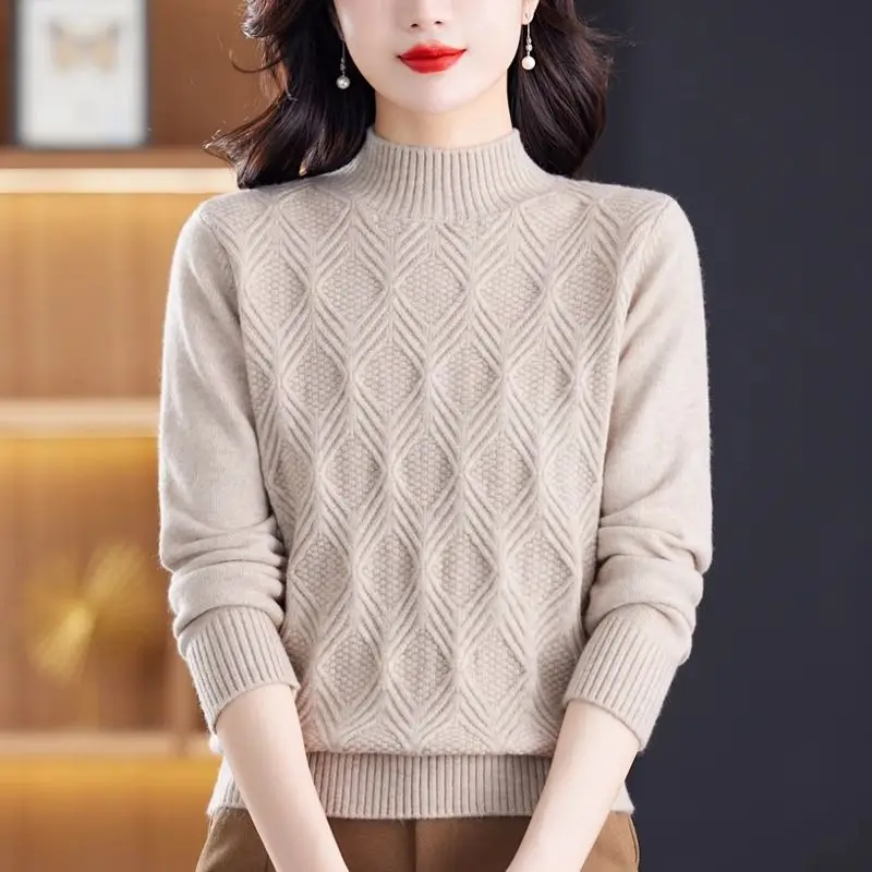 All-match Screw Thread Autumn Winter Half High Collar Solid Color Pullover Long Sleeve Sweater Knitted Women's Clothing Tops