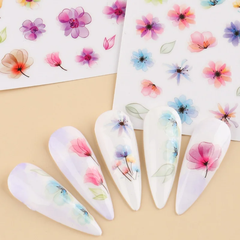 

2 Sheets Floral Nail Art Stickers - Self-Adhesive Glossy Finish,Vibrant Colors, DIY Nail Decals for Hands & Feet