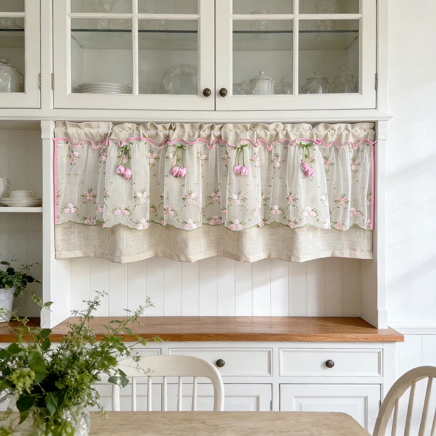 

1PC Rustic Lace Double-Layer Floral Short Curtain for Small Window Drape With Tulips Door Cabinet Study Home Decoration Blinds