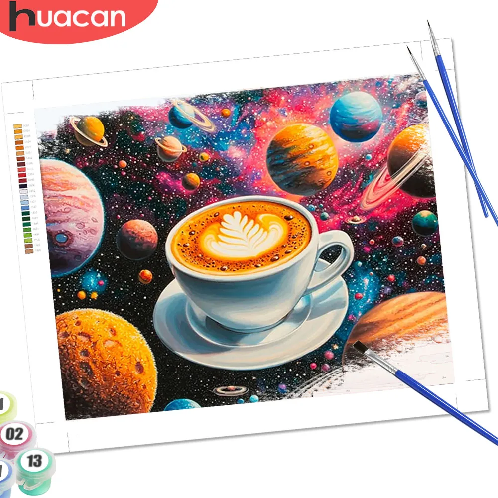 HUACAN Adult Paint By Numbers Planet Landscape Drawing Coloring On Canvas Coffee Cup Starry Sky Handicrafts Art Crafts