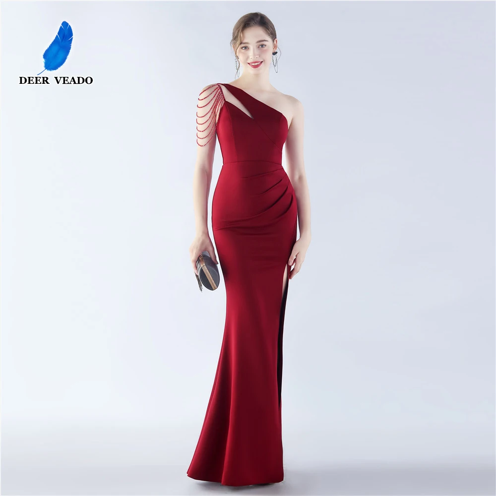 

DEERVEADO One Shoulder Soft Satin Evening Dress for Women Elegant Mermaid Formal Occasion Dress Party Maxi Dress with Beads