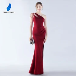 DEERVEADO One Shoulder Soft Satin Evening Dress for Women Elegant Mermaid Formal Occasion Dress Party Maxi Dress with Beads