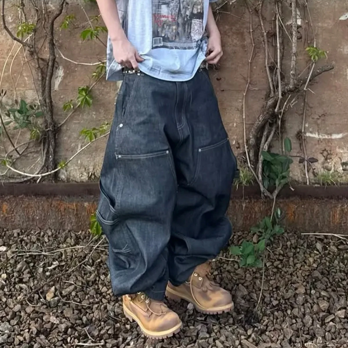 NIGO Men's Dark-Coloured Casual Straight Leg Baggy Jeans High Street Trend Wide Leg Denim Pants #NGTOP12148