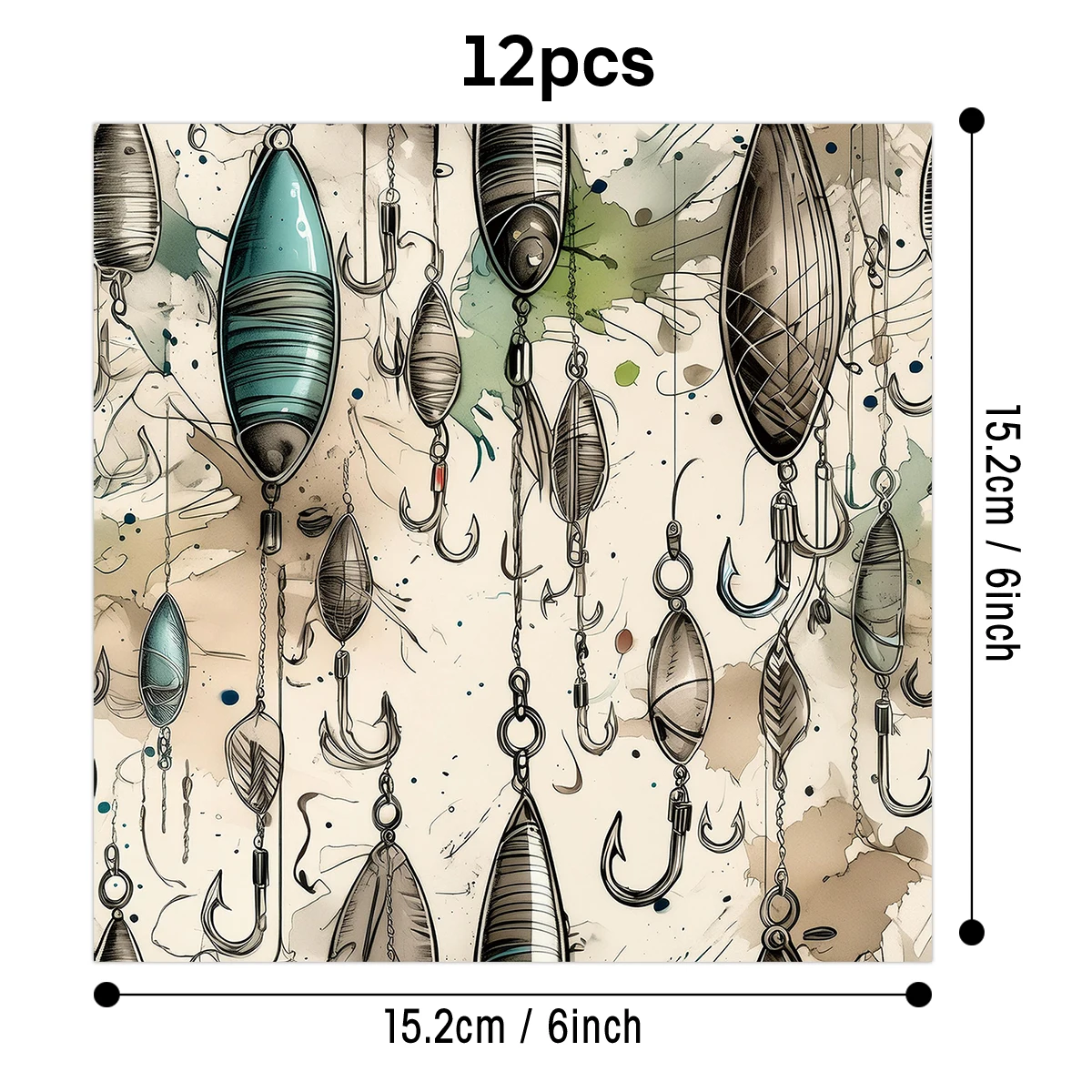 12pcs Vintage Fishing Lure Pattern Scrapbook Paper For Father's Day Themed Card Making,Diy Gift Wrapping,Party Background Decor view 2