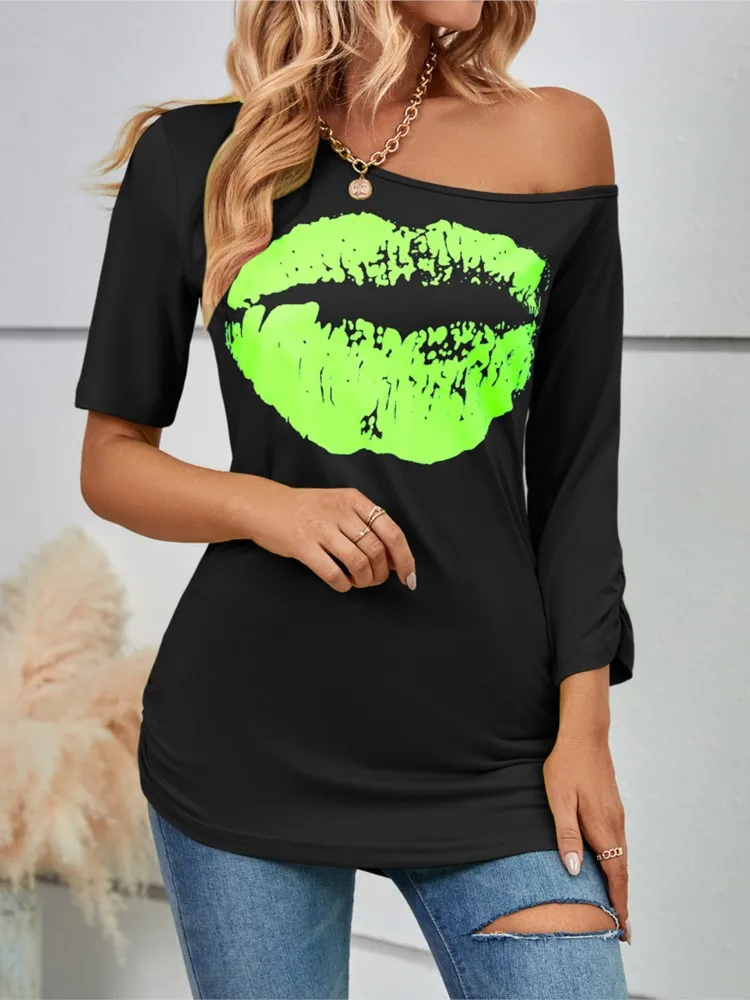 Casual Lips Print Short Sleeve T-Shirt Women\'s Off Shoulder Fashion Slim Top Summer Elegant Office Tops T Shirt Tshirts New