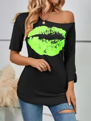 Casual Lips Print Short Sleeve T-Shirt Women's Off Shoulder Fashion Slim Top Summer Elegant Office Tops T Shirt Tshirts New