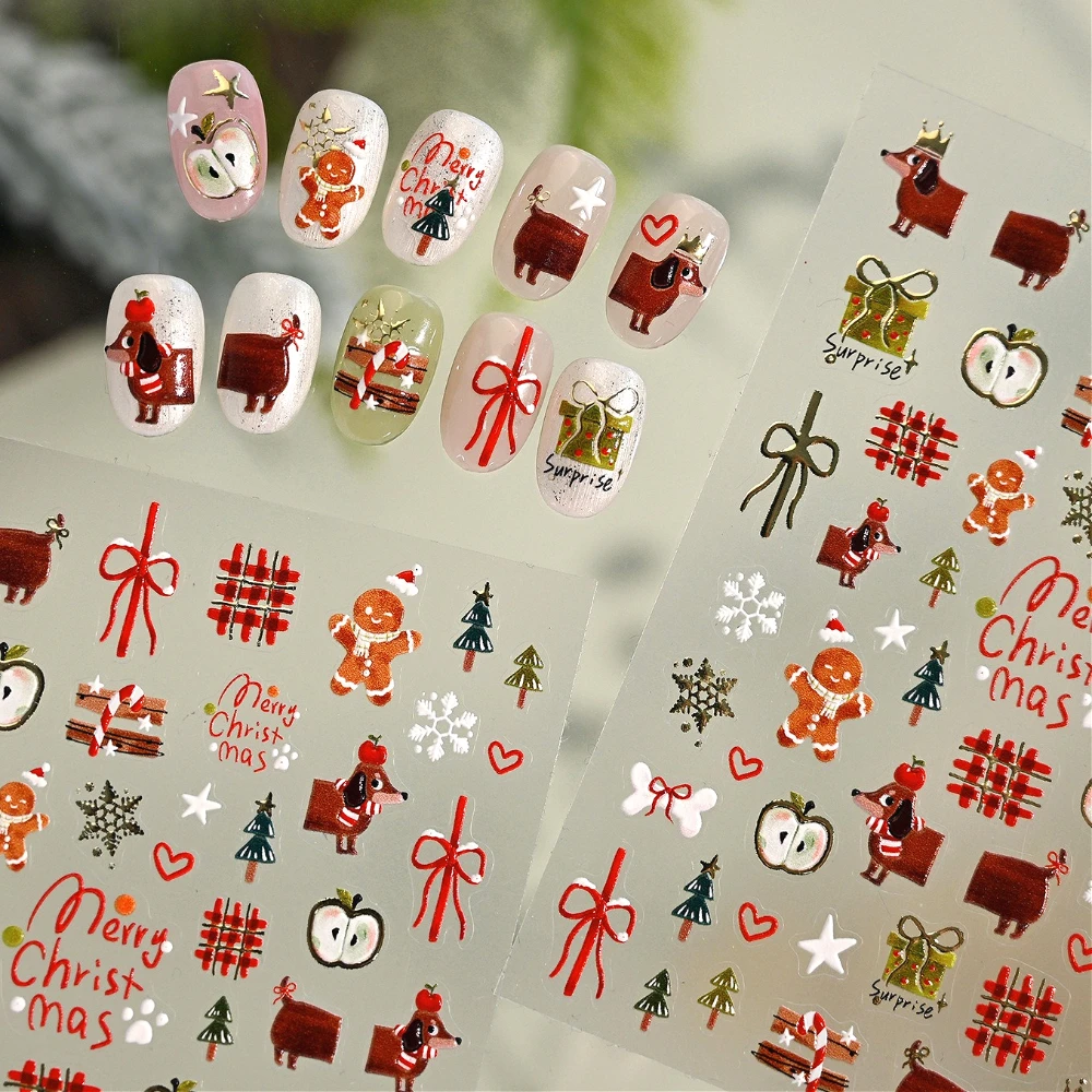 Gold Stamped Cute Dachshund Gingerbread Man Apple Bowknot Gift Snowflake Christmas Tree Nail Art Stickers Xmas Manicure Decals