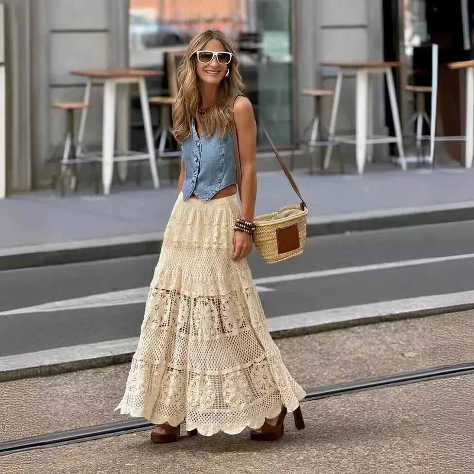 Women's New Arrival Lace Trim Cutout Knitted Midi Skirt Elegant Casual Wear Vestidos