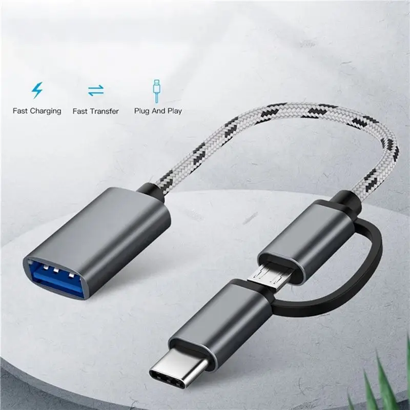 2X 2 In 1 USB OTG Cable Type-C/Micro-USB To USB 3.0 Adapter Braided Designed Data Transfer Cable For Andriod Phone(Grey)-Y41A