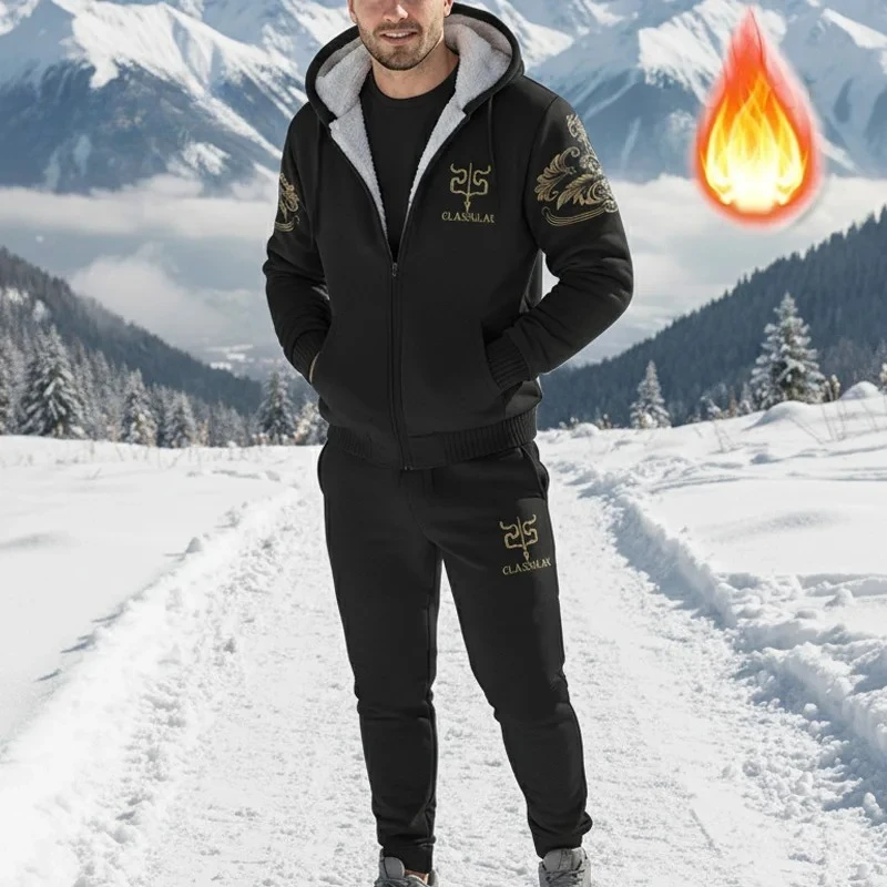 Men's Autumn Winter Sports Set Hooded Casual Cardigan Black Gray Jacket Outdoor Thickened Warm Sports Shirt+pants Two-piece Set