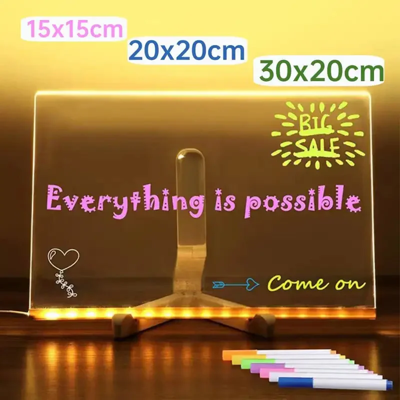 Reusable Children's Acrylic Information Board, Lighted Drawing Lamp, Fluorescent Board, Display Board, DIY Kit, 7 Coloured Pens