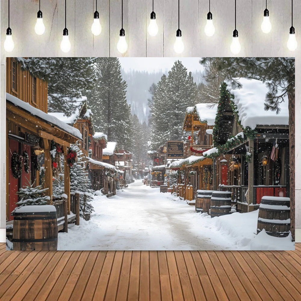 Christmas Snow Scene Photography Background Town Xmas Tree Fence Snowfield Snowflake Kids Portrait Party Decor Backdrop Photo