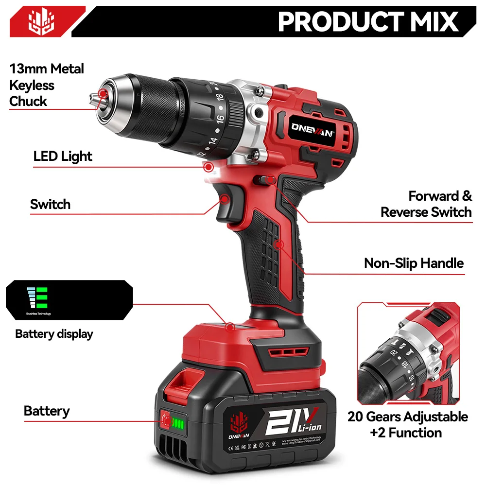ONEVAN 720NM 13MM Brushless Electric Impact Drill 20+3Torque