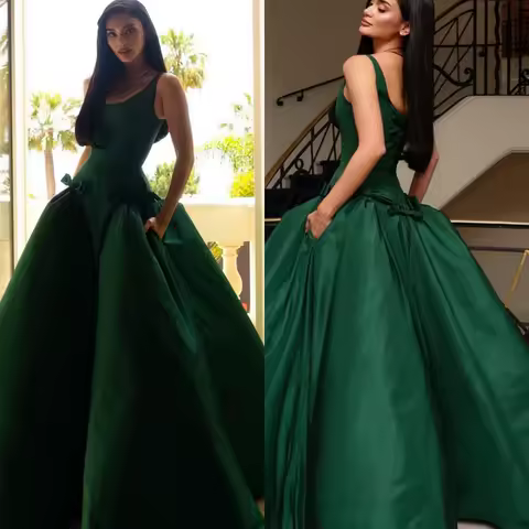 Customized Simple Sleeveless Evening Dress High Quality Satin Green Prom Dresses Temperament Ruched Special Occasion Gowns