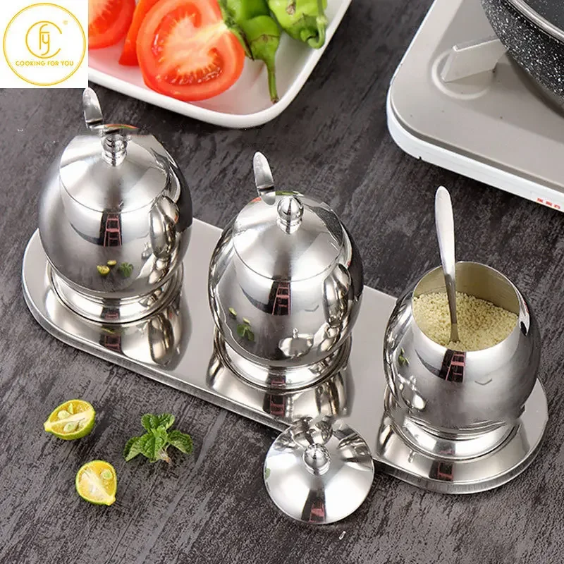 Stainless Steel Seasoning Jar Set with Spoon Spice Container Seasoning Box with Swivel Base Salt Canister Set Kichen Accessories